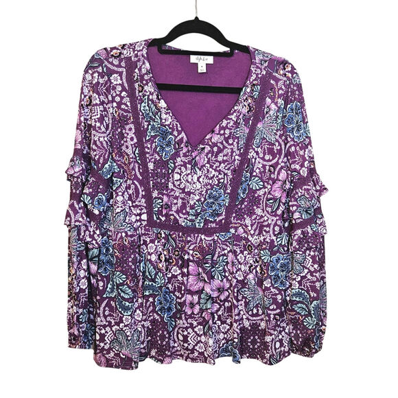 Style & Co Boho Purple Floral Flower Tunic Top 100% Nylon Size Medium M - Picture 1 of 10